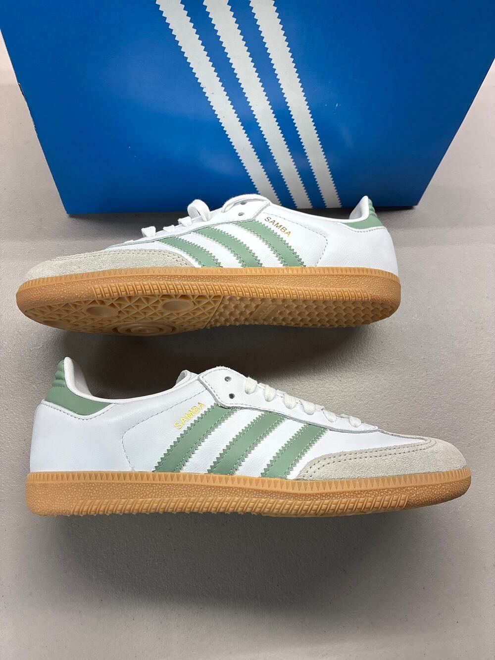 New adidas Samba OG J White Silver Green JP5479 Youth Size 5 With Box